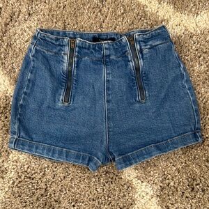 Blue High-Waisted Jean Shorts with Zipper Details